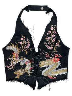 ROMWE Black Dragon Embroidered Lace-Up Distressed Halter Vest
